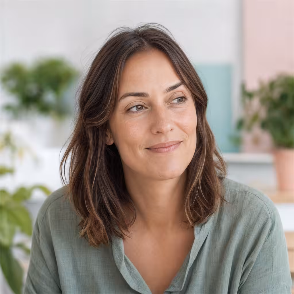 Femme souriante en intérieur avec plantes en arrière-plan.